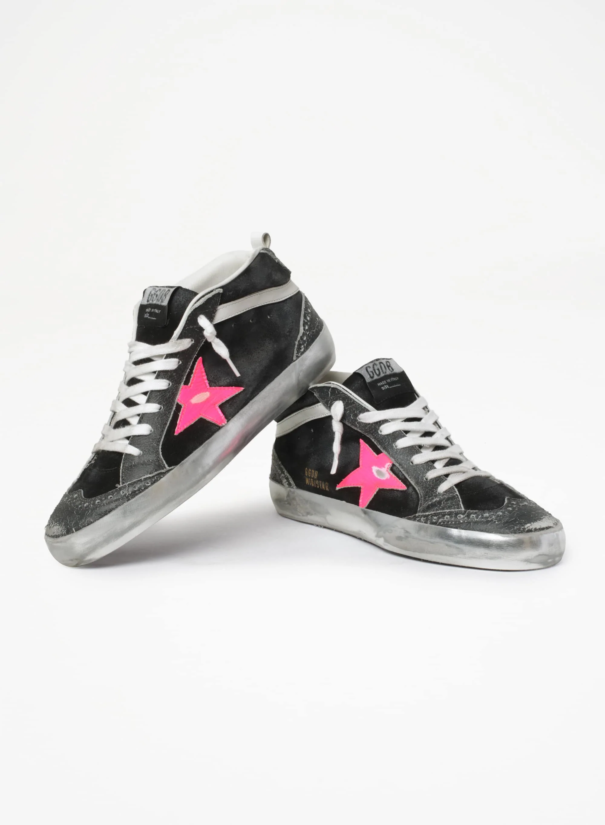 Women | Mid Star Sneakers Black Suede with Crackle Leather Details | Black x Pink Fluo x White - Image 4