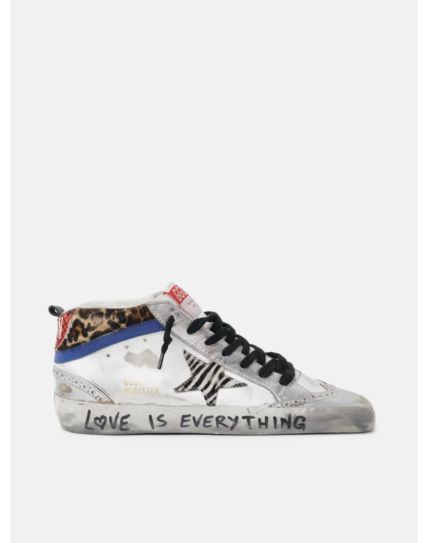 Women | Mid Star Sneakers with Animal-Print Details & Handwritten Lettering | White x Silver x Black Zebra x Bluette