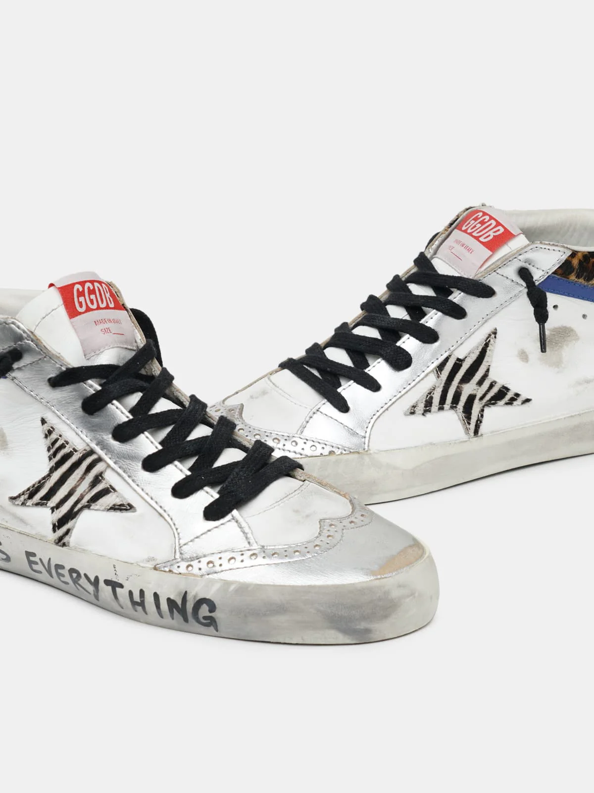 Women | Mid Star Sneakers with Animal-Print Details & Handwritten Lettering | White x Silver x Black Zebra x Bluette - Image 2