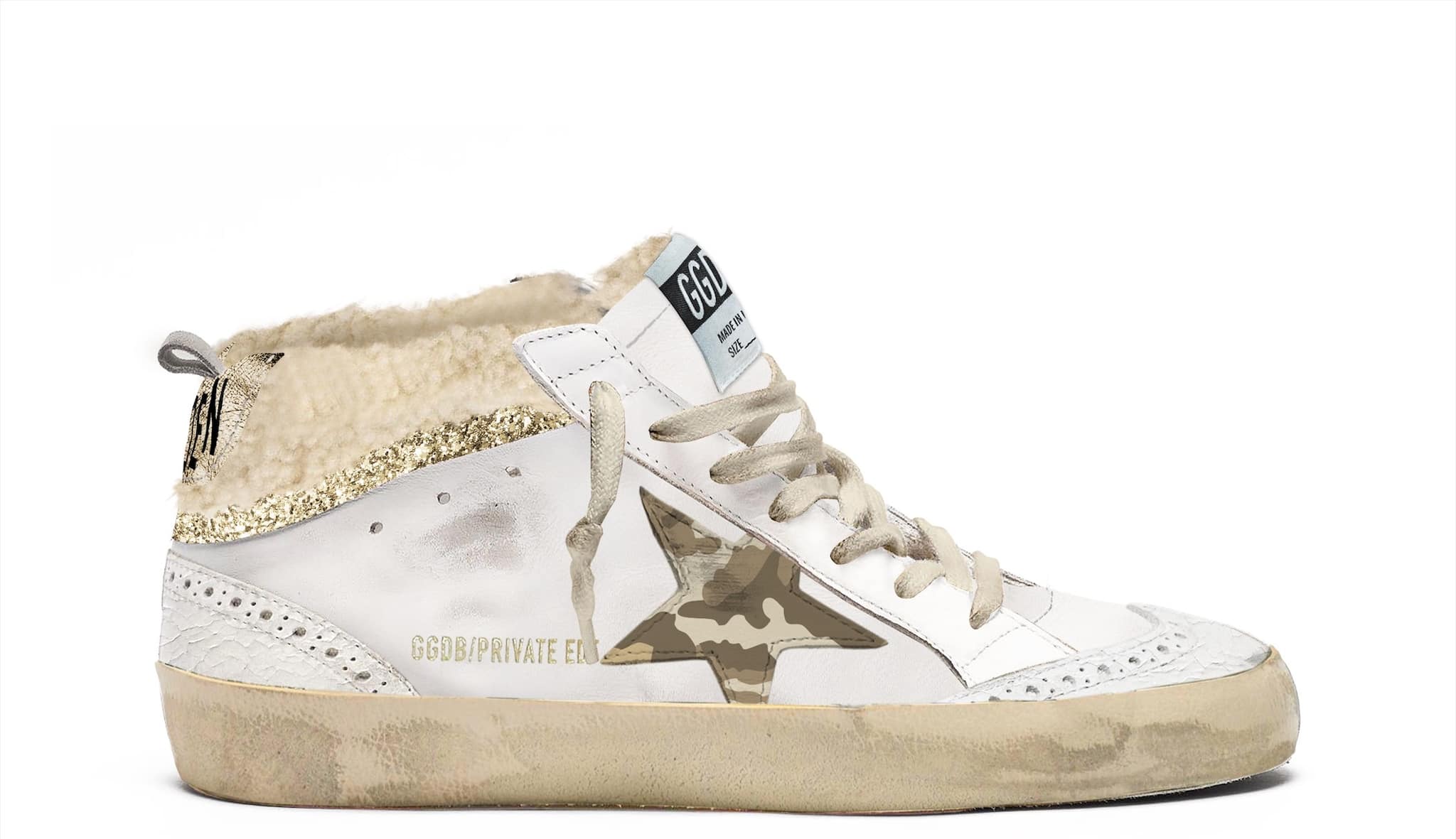 Women | Mid Star White Leather with Camouflage Green Star & Gold Heel Tab | White x Camouflage Green x Gold - Image 2