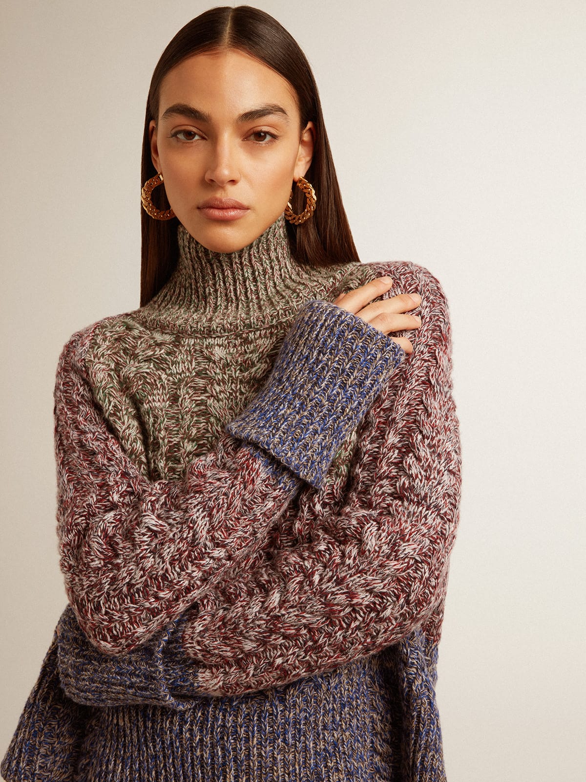 Women | Multicolored High Neck Sweater with Mouliné Yarn | Multicolor x Green x Blue - Image 13