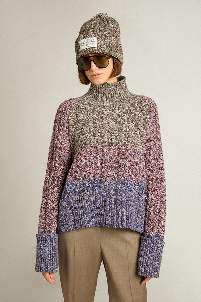 Women | Multicolored High Neck Sweater with Mouliné Yarn | Multicolor x Green x Blue - Image 14