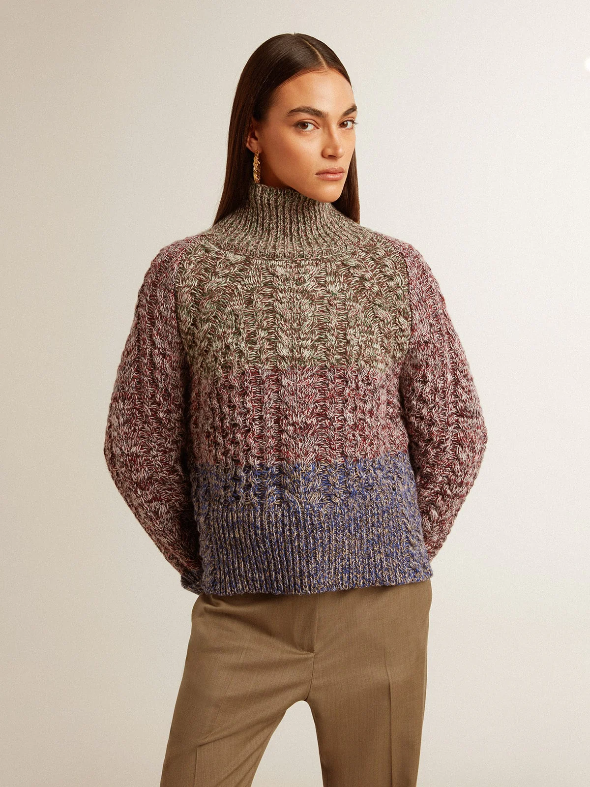 Women | Multicolored High Neck Sweater with Mouliné Yarn | Multicolor x Green x Blue - Image 7