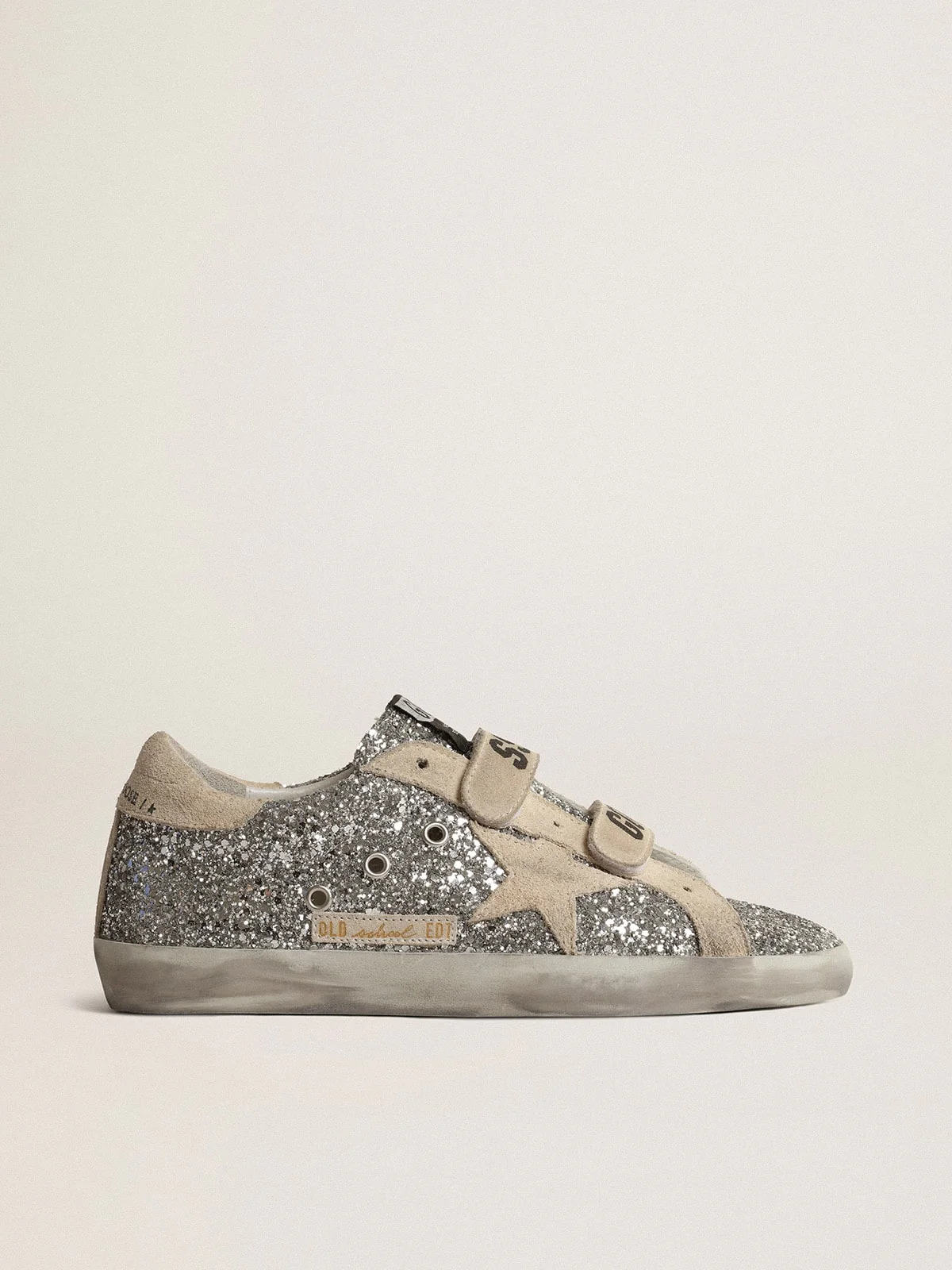 Women | Old School Sneakers Glitter with Suede Heel Tab & Star | Silver x Pearl - Image 4
