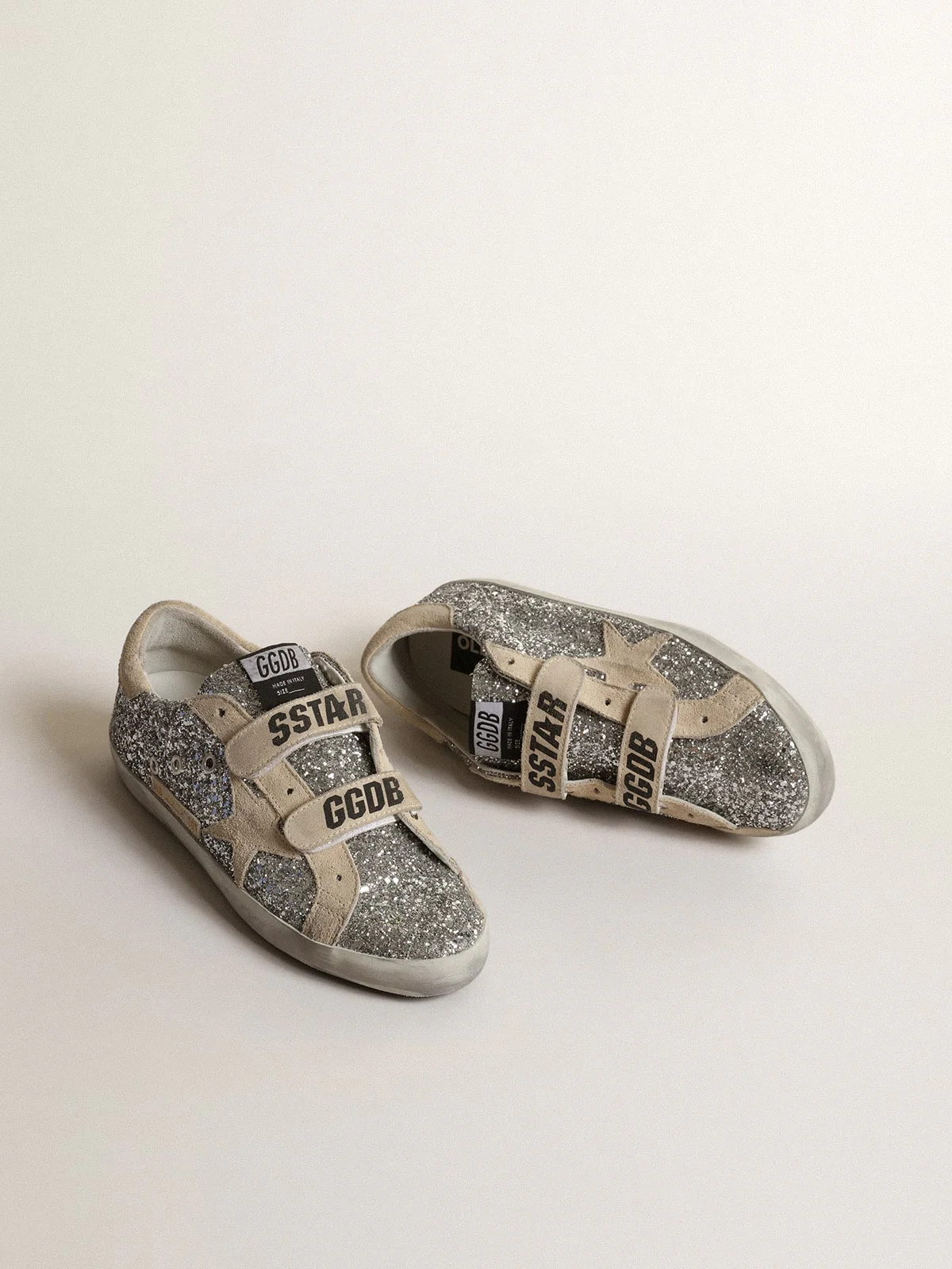 Women | Old School Sneakers Glitter with Suede Heel Tab & Star | Silver x Pearl - Image 6