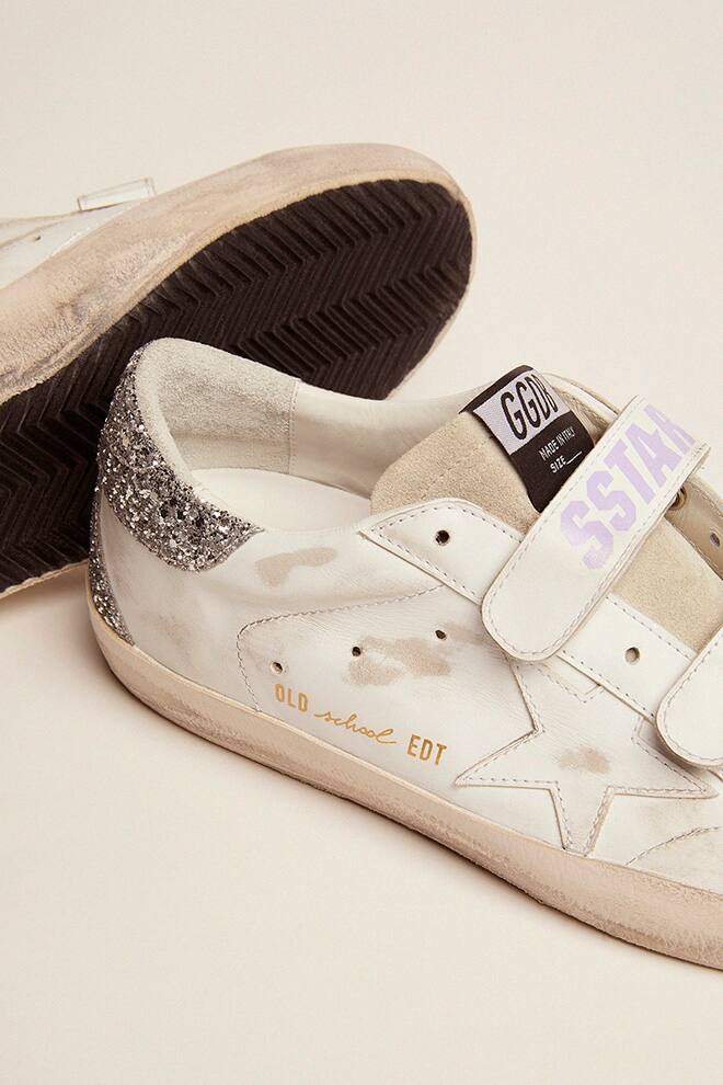 Women | Old School Sneakers White Leather with Silver Glitter Heel Tab | White x Ice x Silver - Image 4