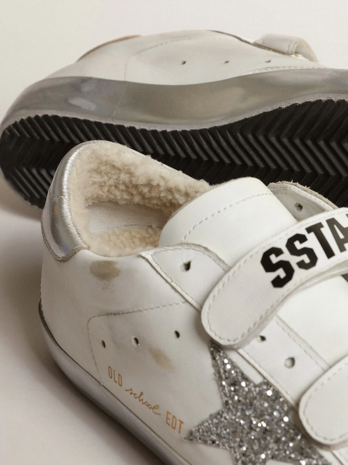 Women | Old School Sneakers with Shearling Lining & Glittering Star | White x Silver x Beige - Image 3