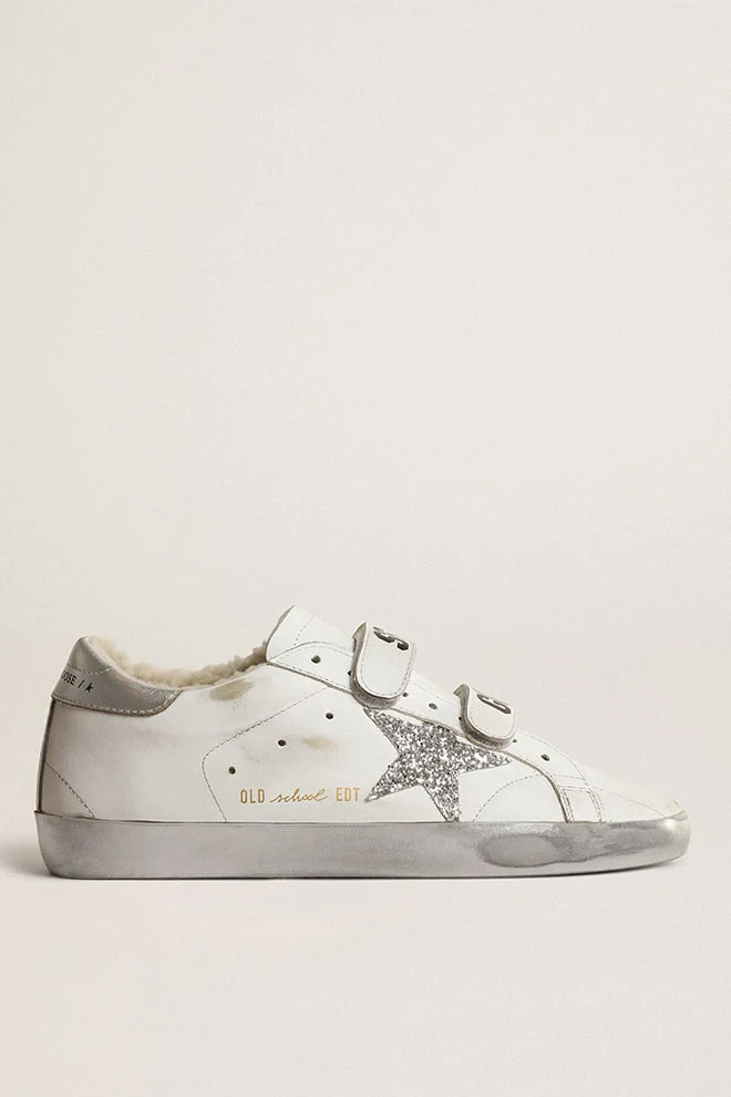 Women | Old School Sneakers with Shearling Lining & Glittering Star | White x Silver x Beige - Image 6