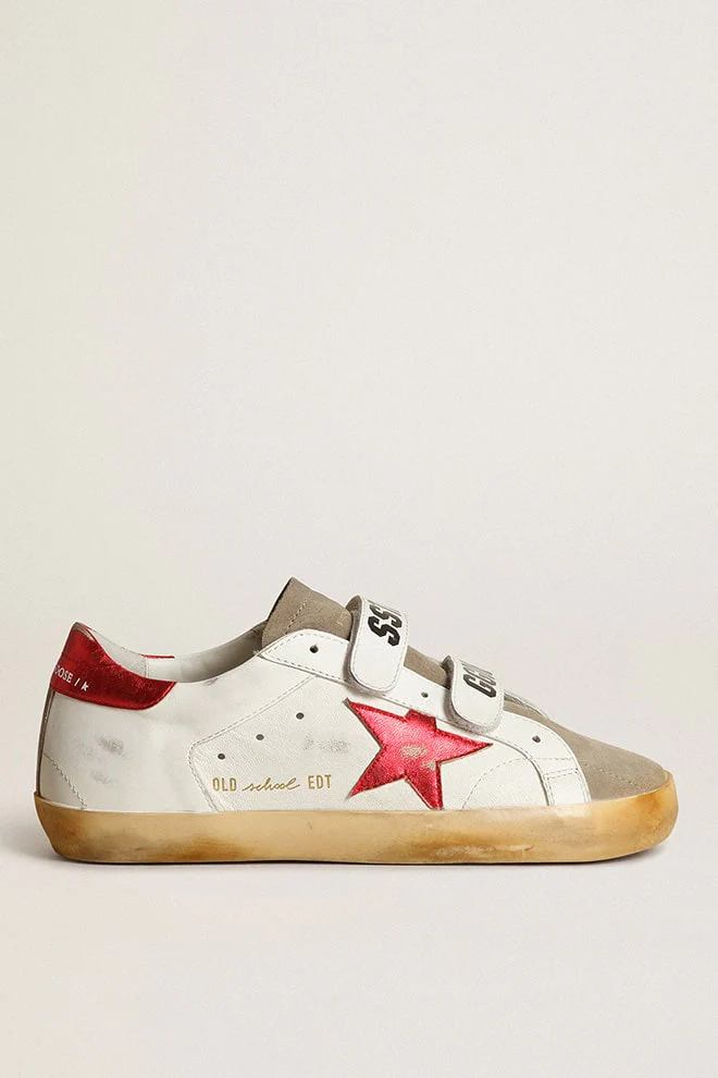 Women | Old School White Leather & Taupe Suede with Red Star | White x Taupe x Red - Image 2