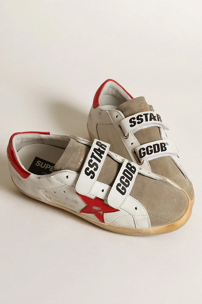 Women | Old School White Leather & Taupe Suede with Red Star | White x Taupe x Red - Image 3