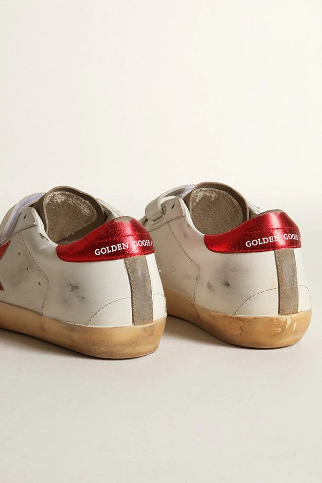 Women | Old School White Leather & Taupe Suede with Red Star | White x Taupe x Red - Image 7