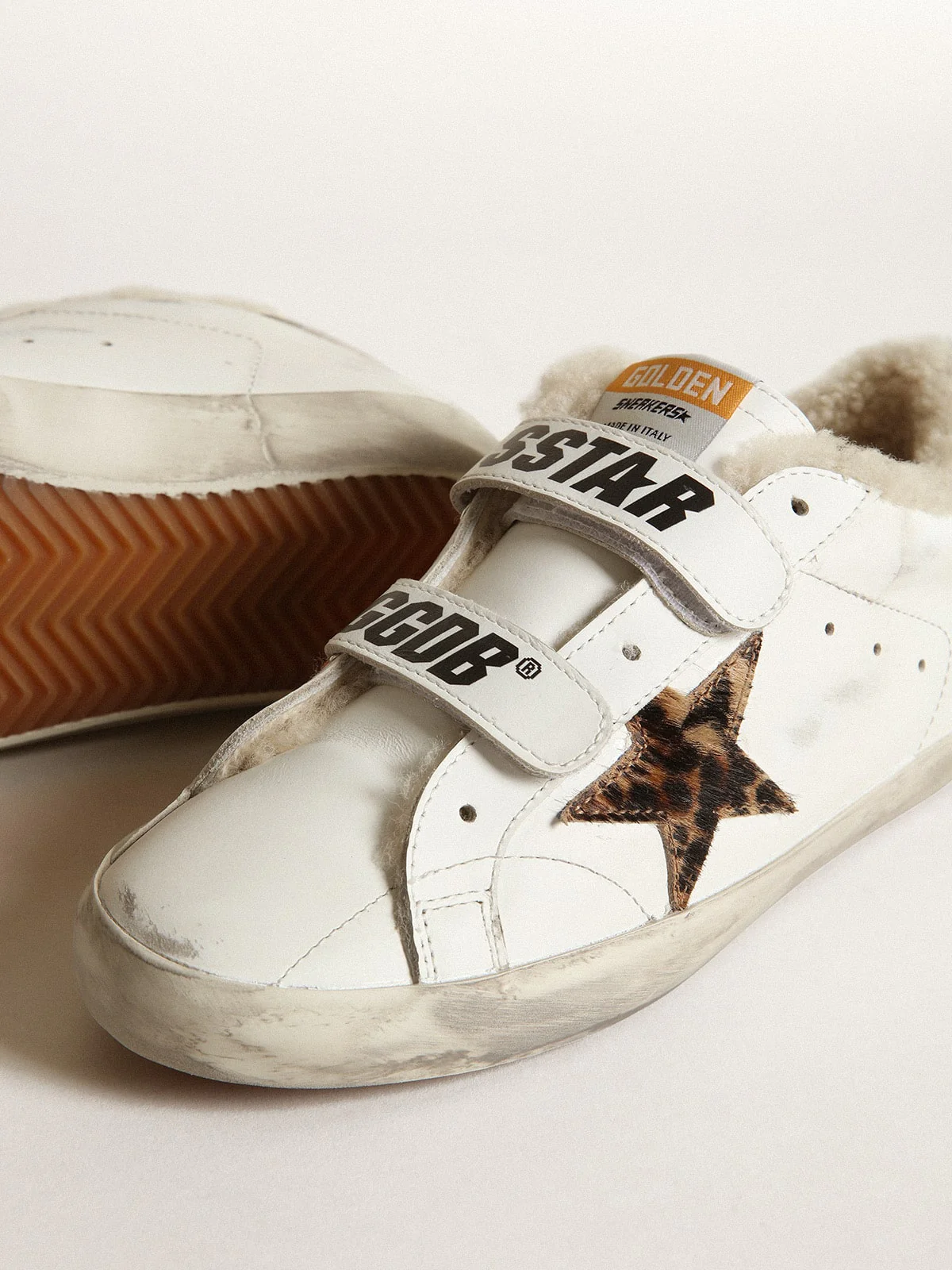 Women | Old School with Leopard Pony Skin Star & Beige Shearling Lining | White x Beige Brown Leo x Silver x Beige - Image 3