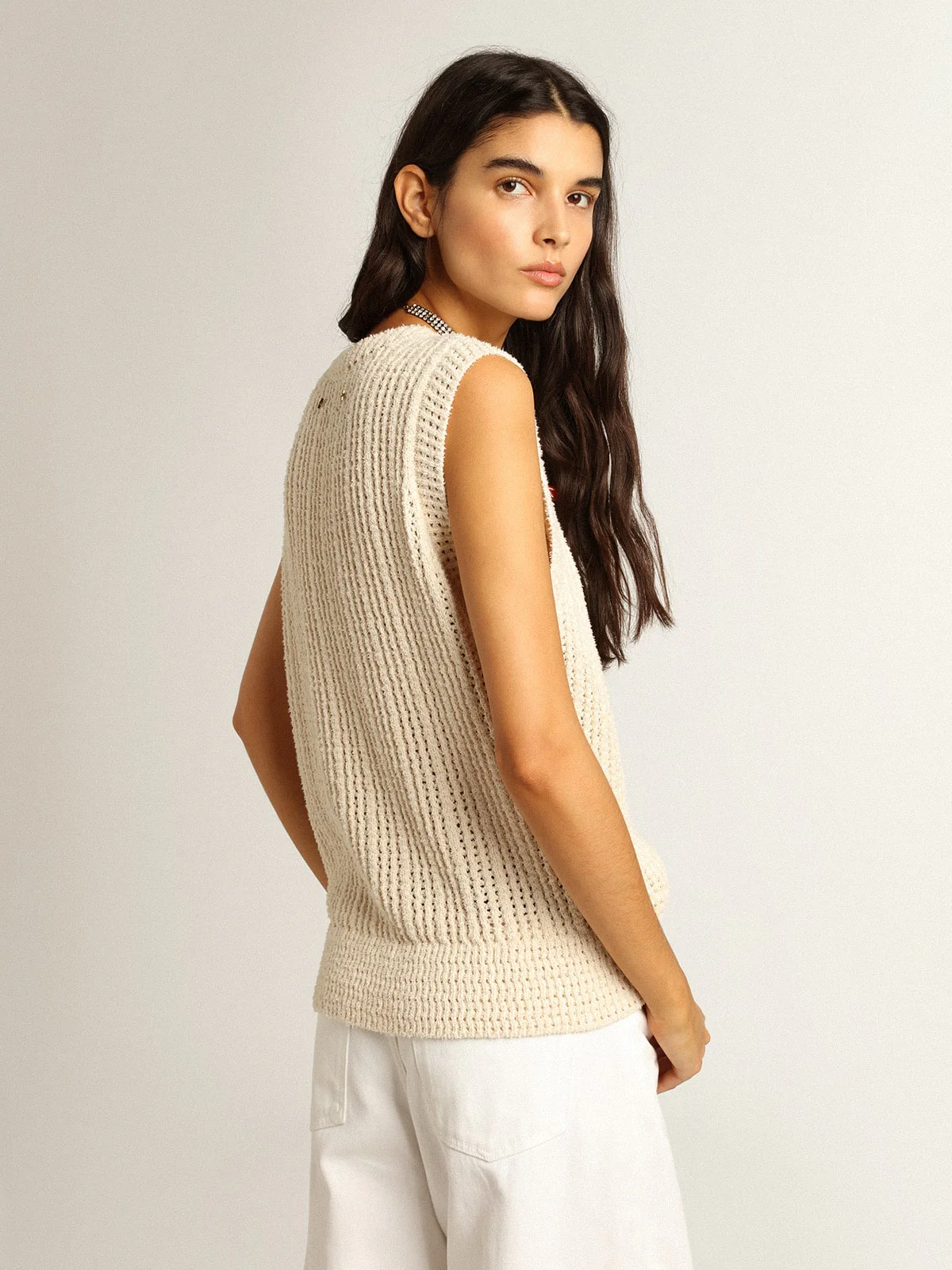 Women | Papyrus-Colored Knitted Sleeveless Top | Papyrus - Image 3
