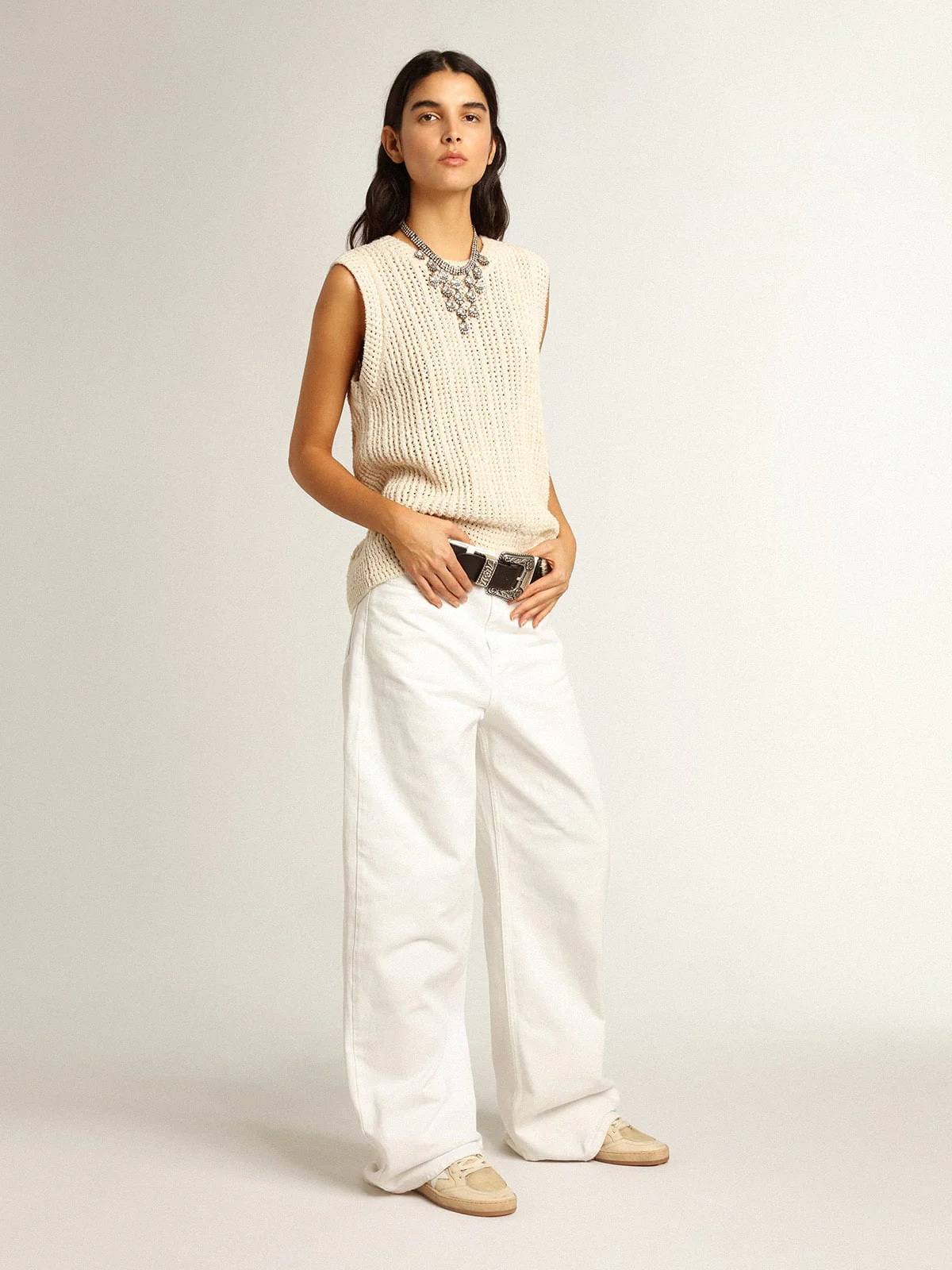 Women | Papyrus-Colored Knitted Sleeveless Top | Papyrus - Image 5