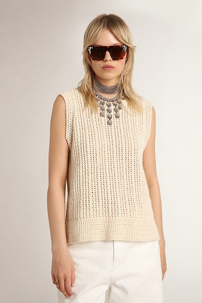 Women | Papyrus-Colored Knitted Sleeveless Top | Papyrus - Image 6