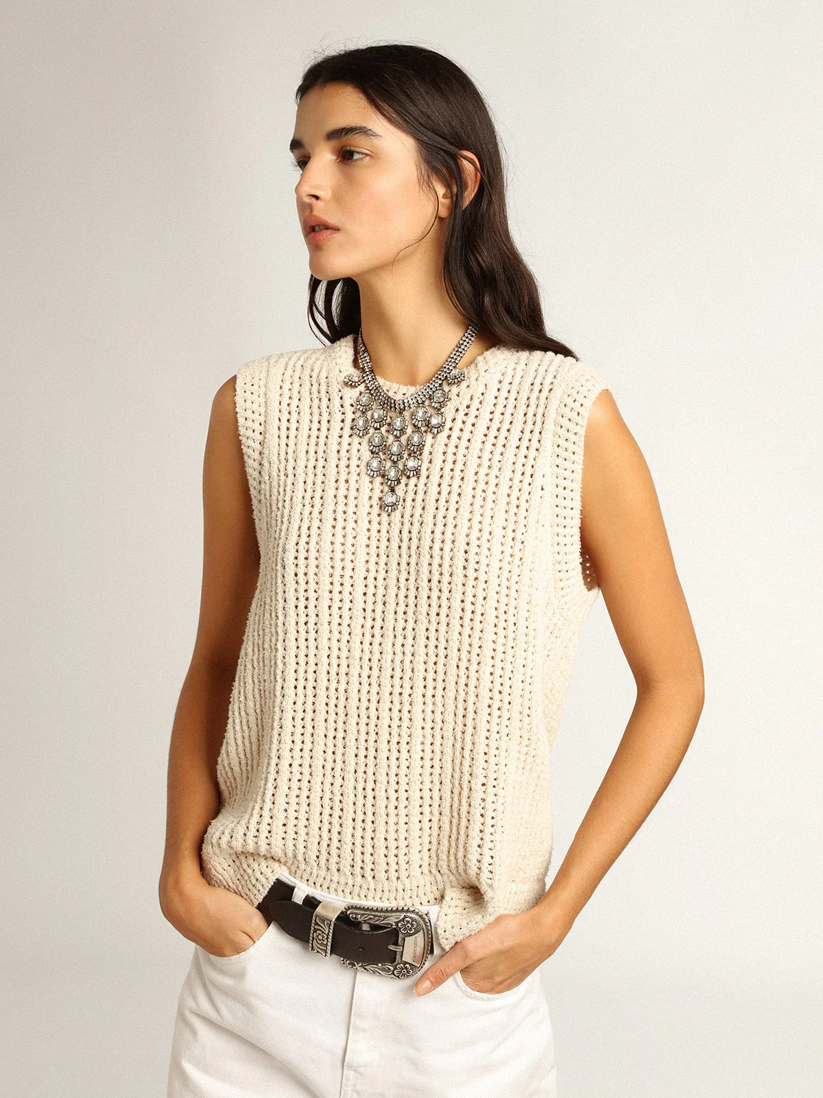 Women | Papyrus-Colored Knitted Sleeveless Top | Papyrus - Image 7