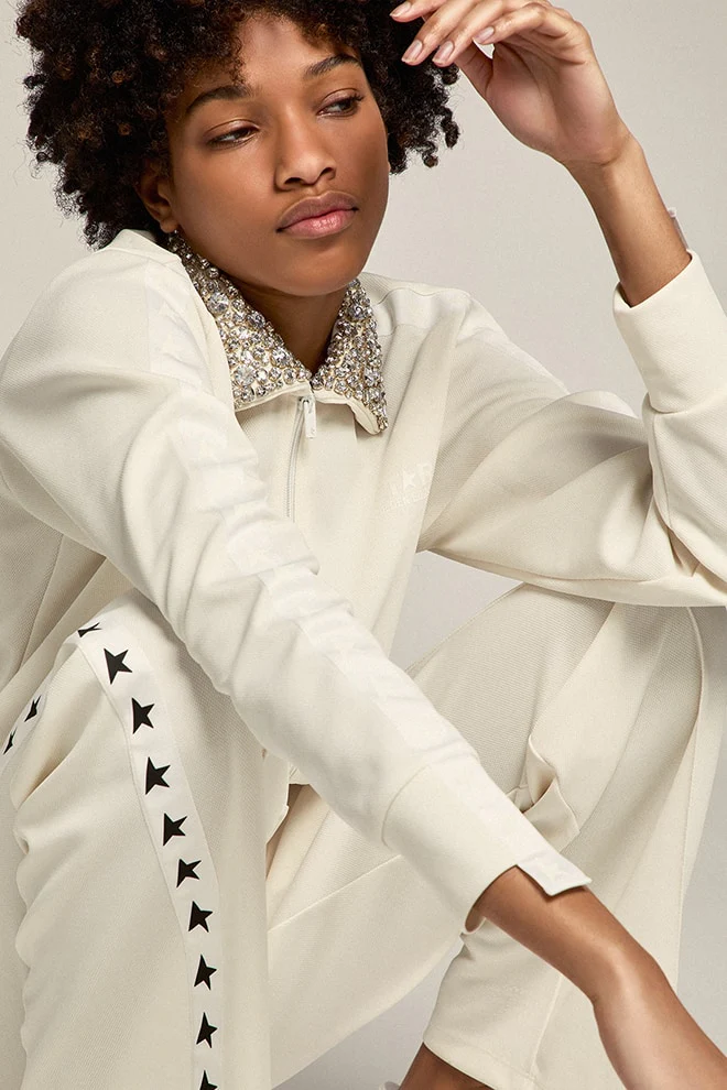 Women | Papyrus-White Zipped Sweatshirt with Crystal Collar | Papyrus x Cristal - Image 2