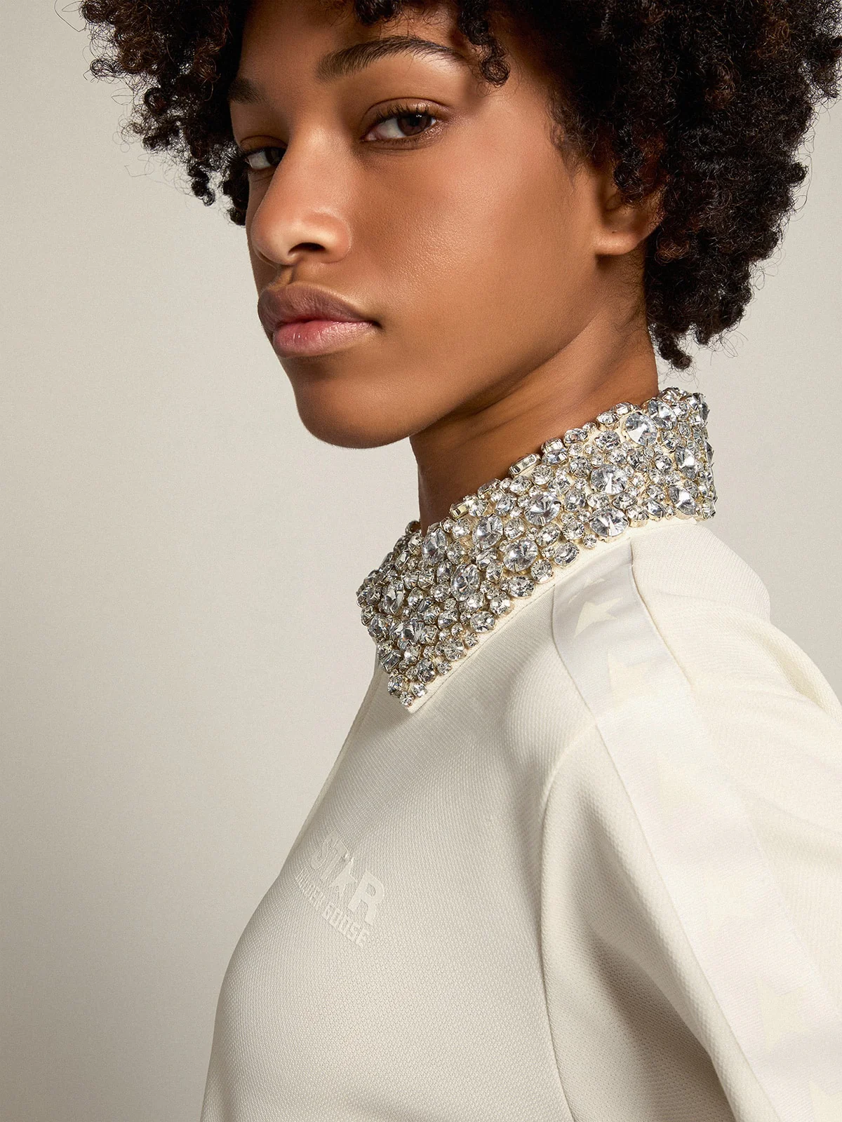 Women | Papyrus-White Zipped Sweatshirt with Crystal Collar | Papyrus x Cristal - Image 7