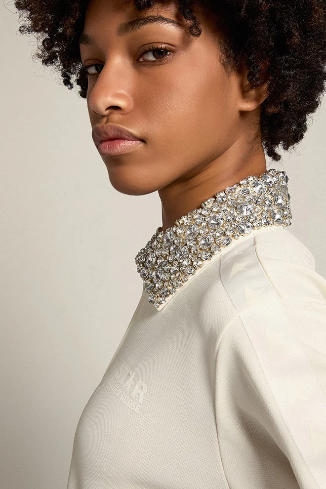 Women | Papyrus-White Zipped Sweatshirt with Crystal Collar | Papyrus x Cristal - Image 8