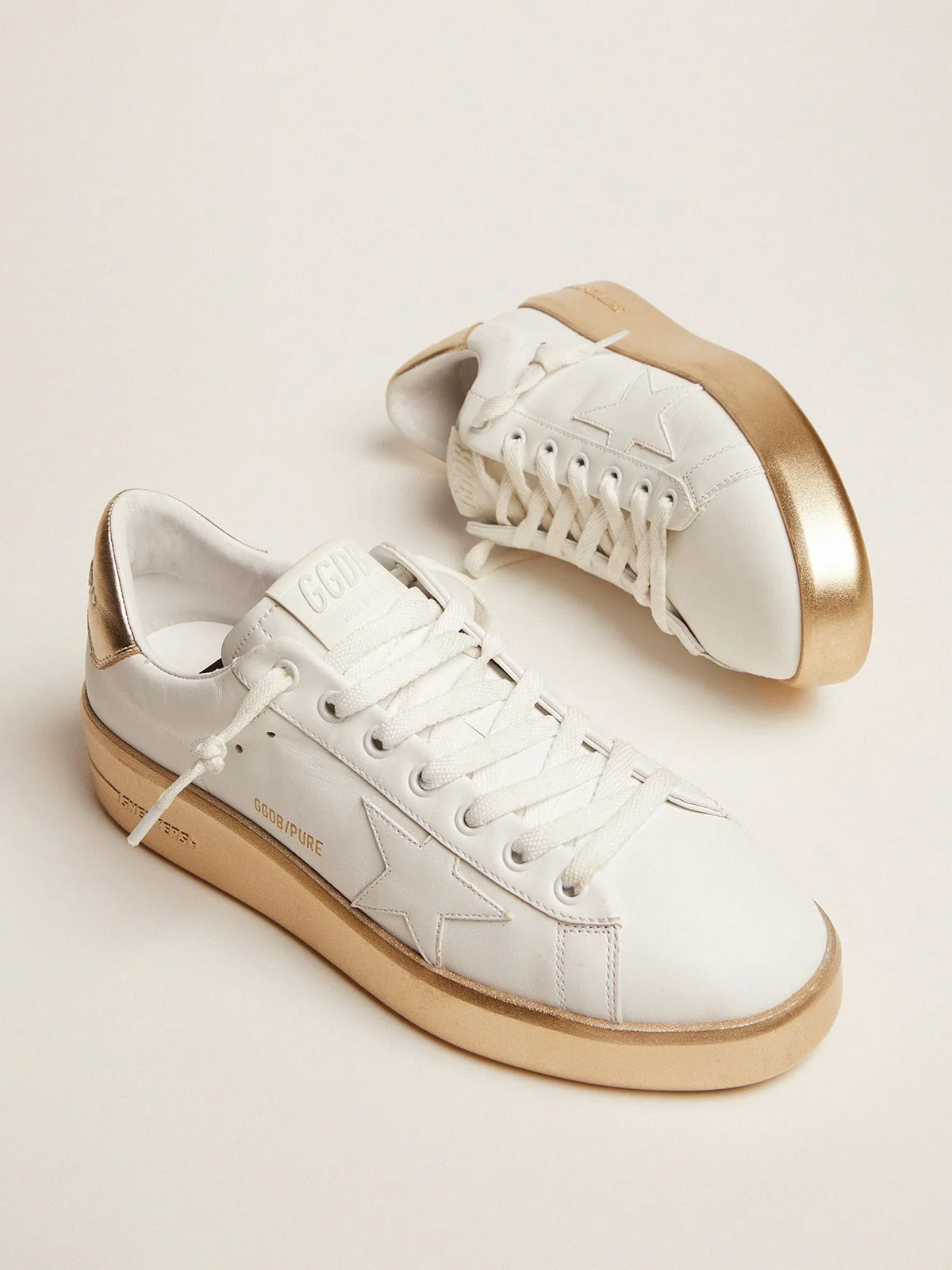 Women | Purestar Sneakers Leather with Foxing & Gold Laminated Leather Heel Tab | Optic White x Platinum - Image 7
