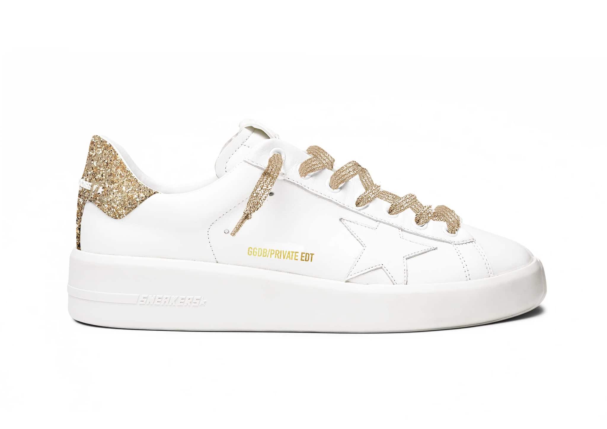 Women | Purestar White Leather with Gold Glitter Heel Tab | White x Gold - Image 2