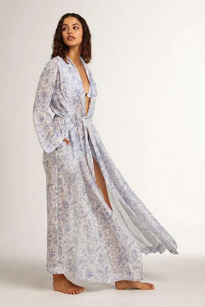 Women | Resort Collection Linen Blend Kaftan Dress with Mediterranean Blue Print | Mediterranian Blue - Image 12