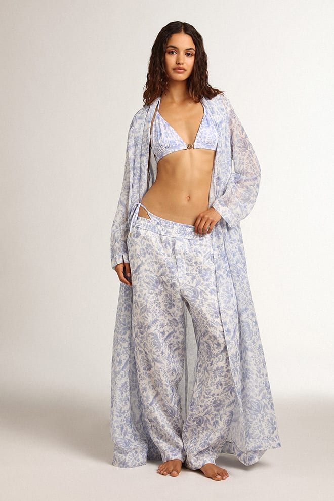Women | Resort Collection Linen Blend Kaftan Dress with Mediterranean Blue Print | Mediterranian Blue - Image 4