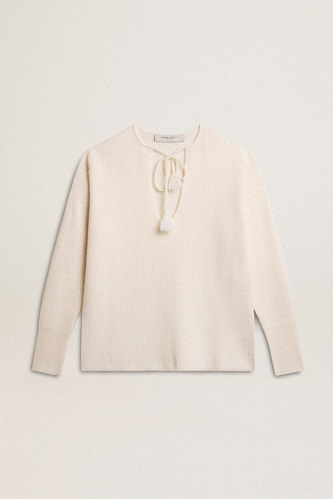 Women | Ribbed Wool Sweater with V Neck & Drawstring with Tassels | Heritage White - Image 13