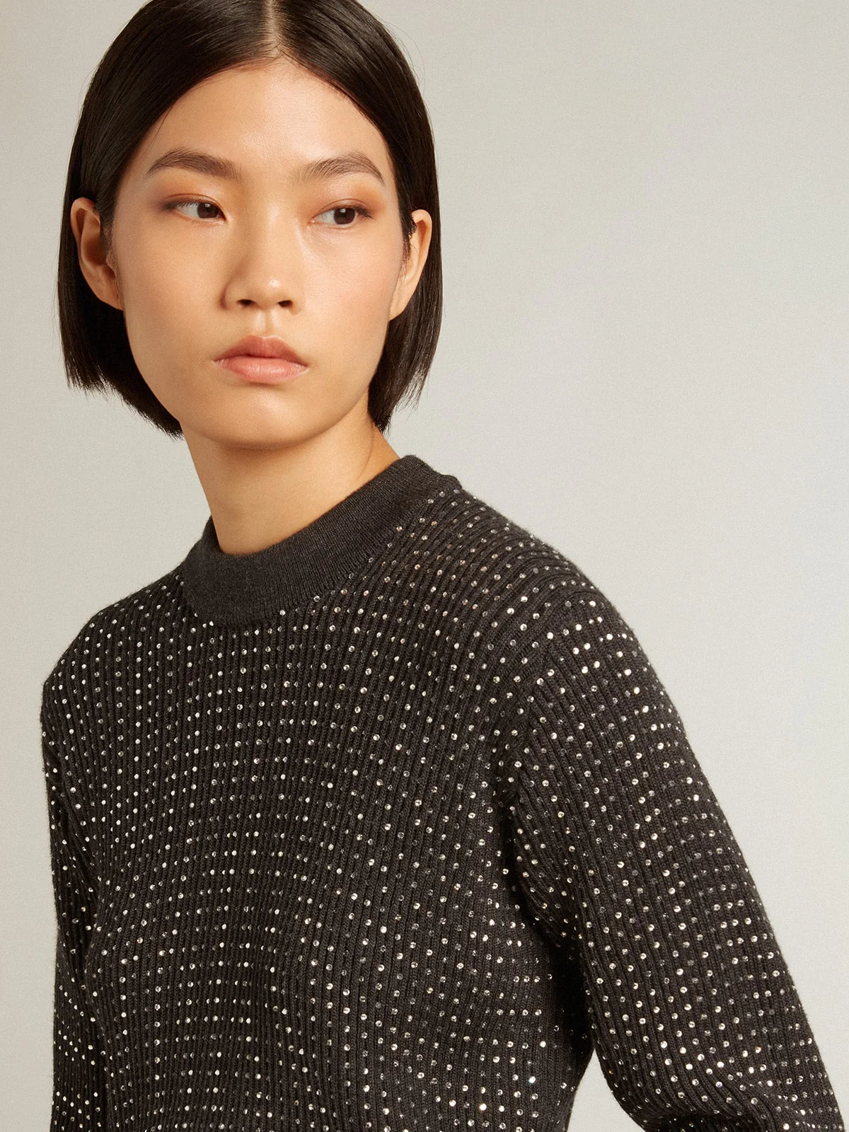 Women | Round-Neck Sweater Merino Wool with All-Over Crystals | Dark Melange Grey - Image 11