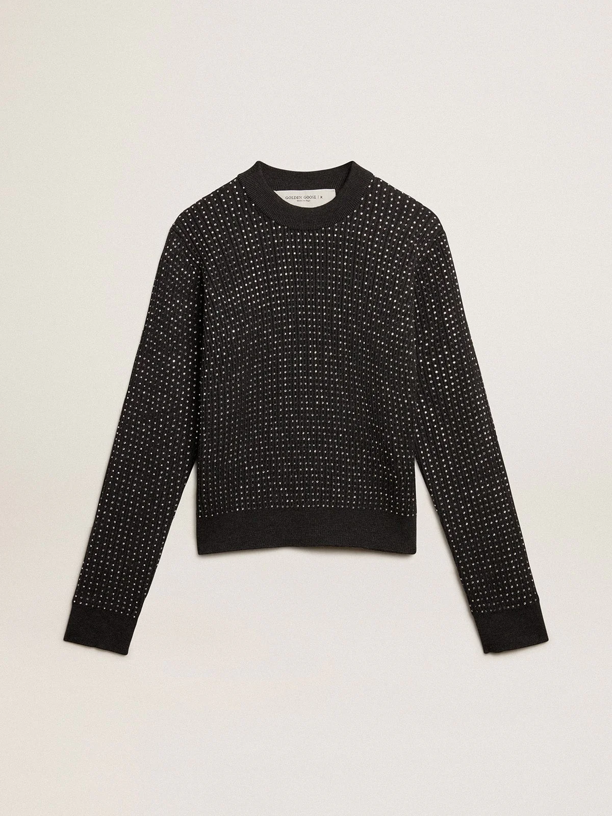 Women | Round-Neck Sweater Merino Wool with All-Over Crystals | Dark Melange Grey - Image 3