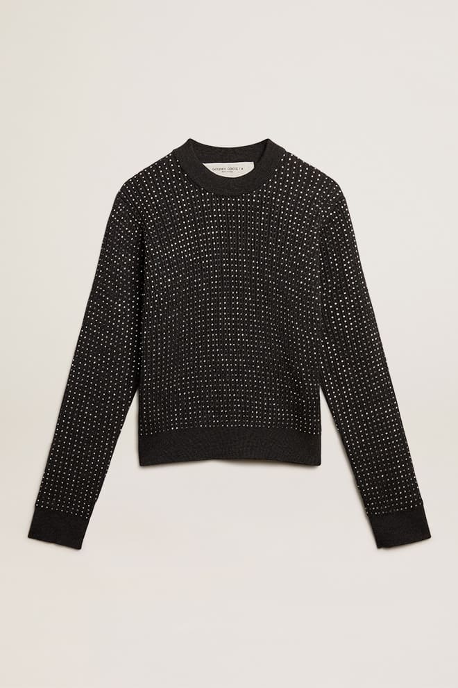 Women | Round-Neck Sweater Merino Wool with All-Over Crystals | Dark Melange Grey - Image 8