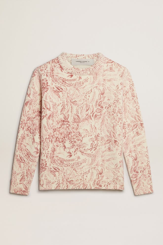 Women | Round-Neck Sweater Wool with All-Over Toile De Jouy Pattern | Heritage White x Haute Red - Image 7