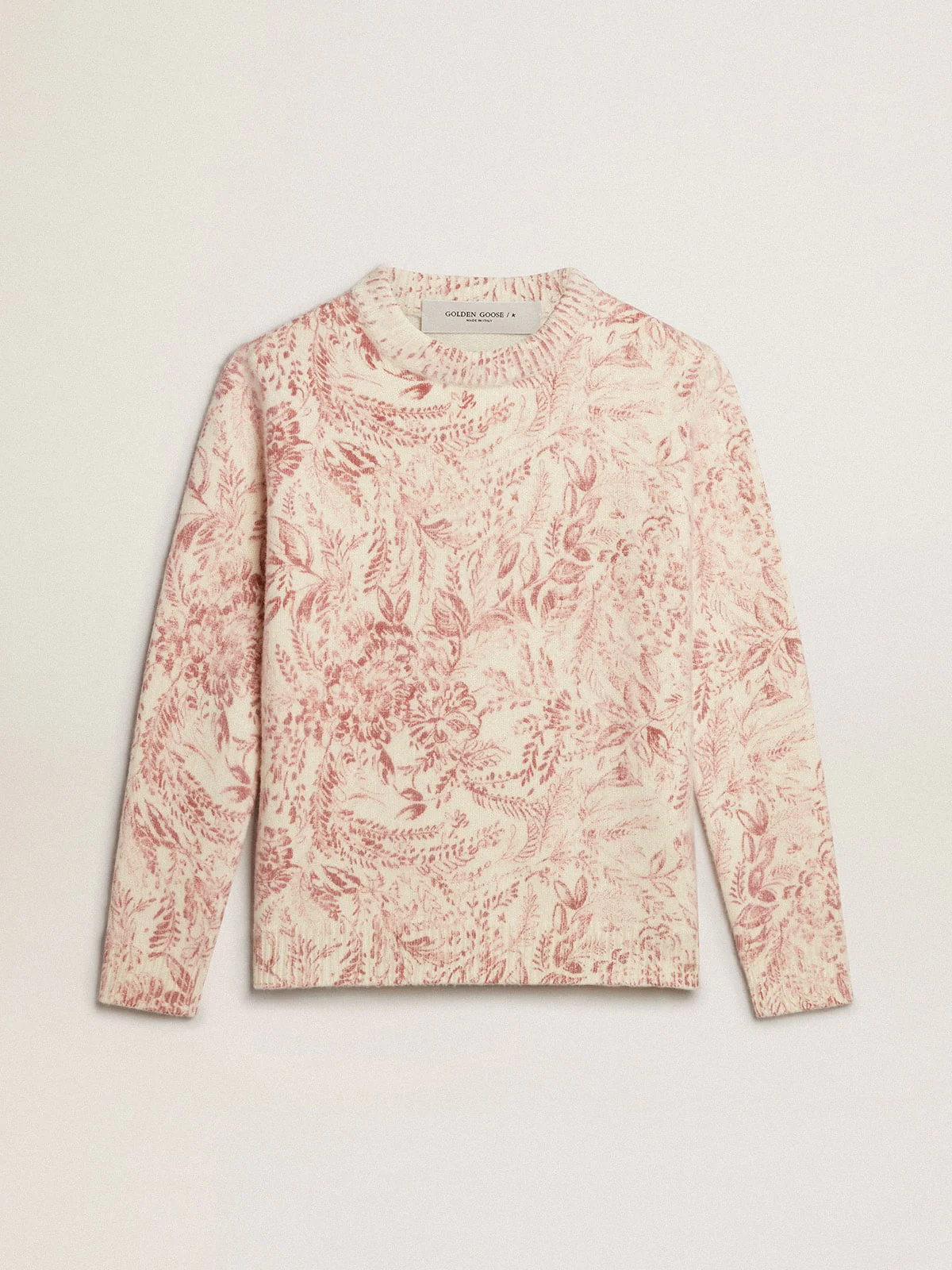 Women | Round-Neck Sweater Wool with All-Over Toile De Jouy Pattern | Heritage White x Haute Red - Image 9