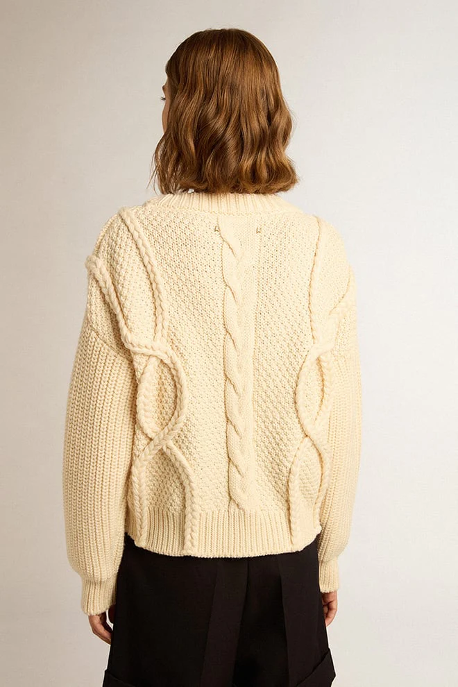 Women | Round-Neck Sweater Wool with Braided Motif | Natural White - Image 10