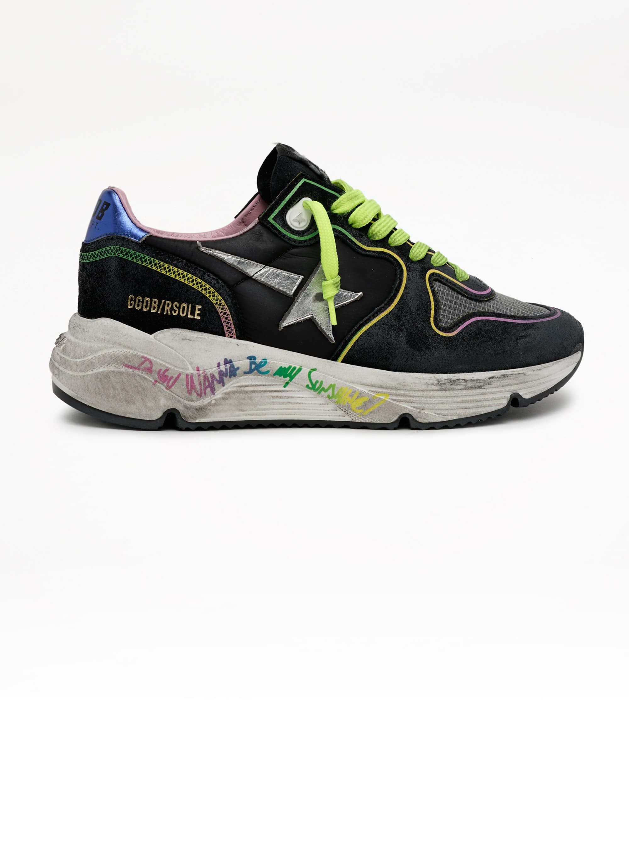 Women | Running Sole Black Sneakers with Silver Star & Rainbow Details | Black x Silver x Blue x Rainbow - Image 6