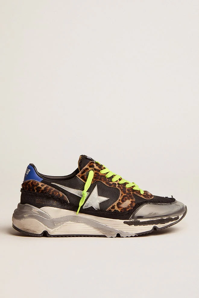 Women | Running Sole Ltd Black Mesh with Leopard Pony Skin Inserts | Black x Silver x Beige Brown Black Leo x Blue - Image 3