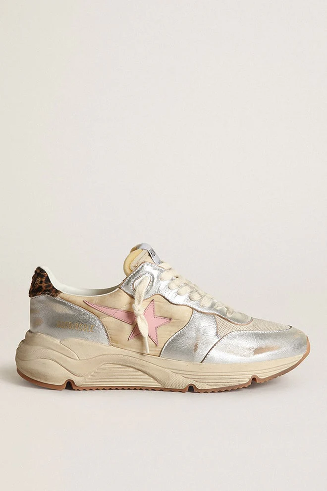 Women | Running Sole Silver Leather with Beige Brown Black Leo Heel Tab & Pink Star | Beige x Silver x Cream x Antique Pink x Beige Brown Black Leo - Image 3