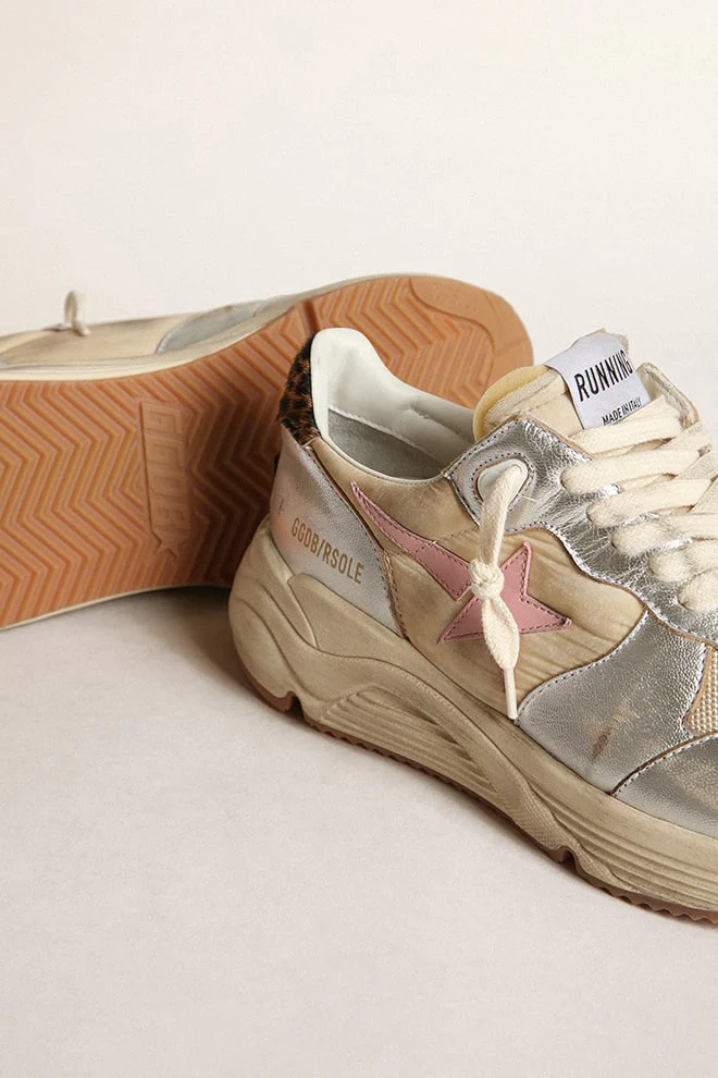 Women | Running Sole Silver Leather with Beige Brown Black Leo Heel Tab & Pink Star | Beige x Silver x Cream x Antique Pink x Beige Brown Black Leo - Image 6