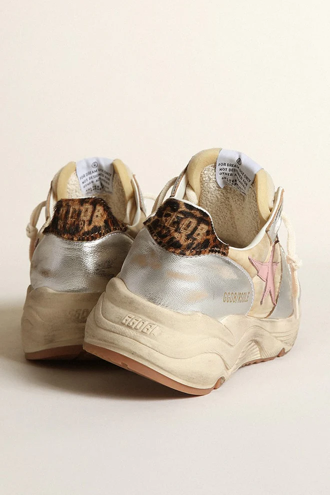 Women | Running Sole Silver Leather with Beige Brown Black Leo Heel Tab & Pink Star | Beige x Silver x Cream x Antique Pink x Beige Brown Black Leo - Image 7