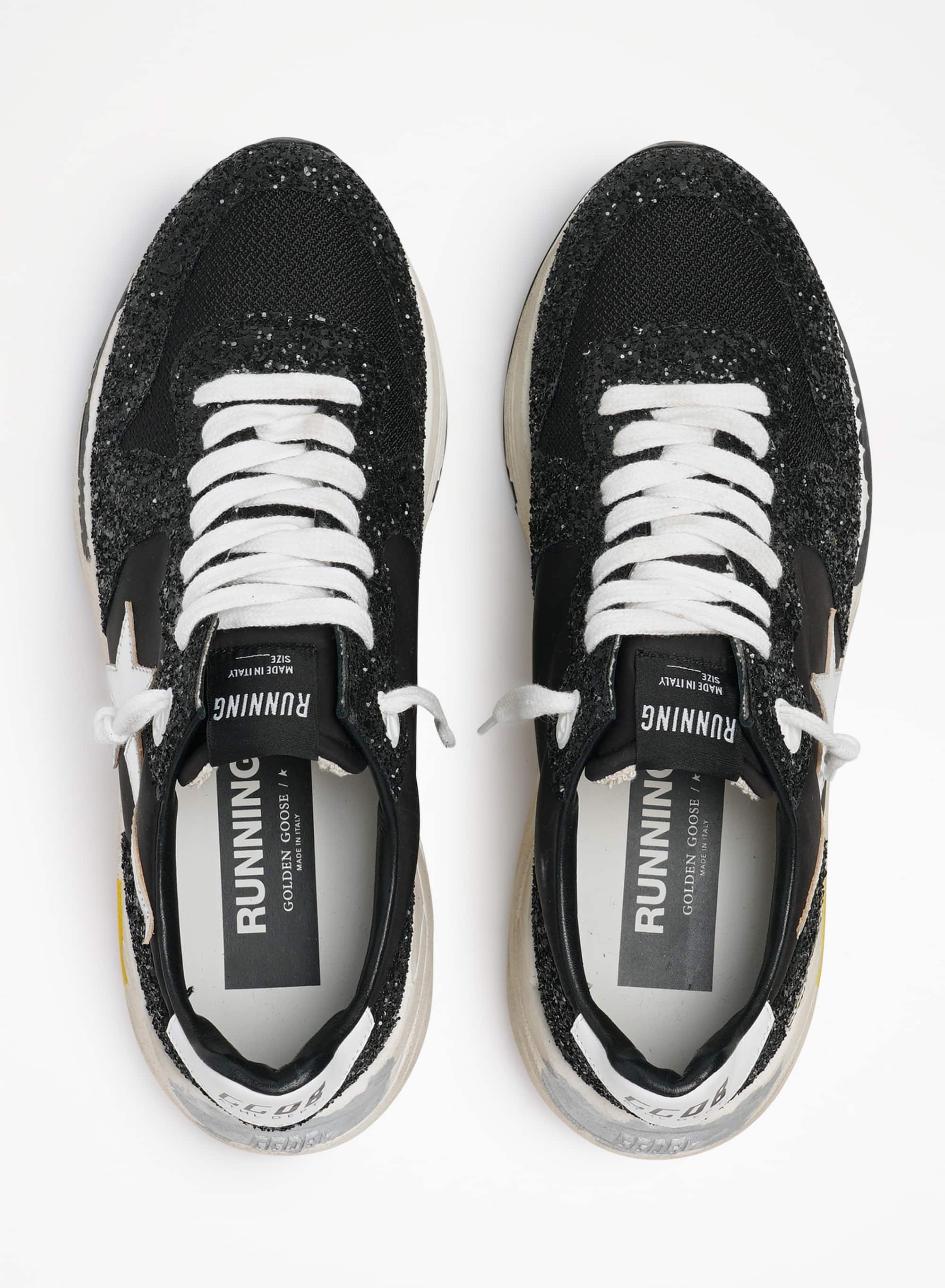 Women | Running Sole Sneakers Black Nylon & Glitter with Silver Star | Black x Silver - Image 2