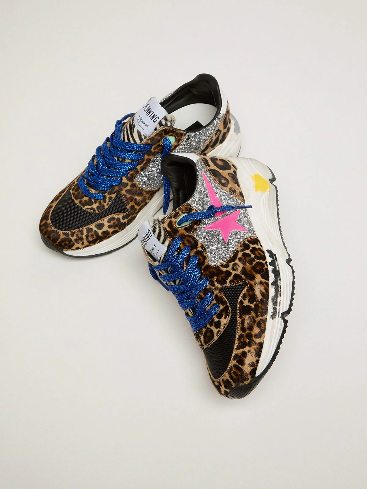 Women | Running Sole Sneakers Leopard-Print Pony Skin with Glitter Inserts | Silver x Brown Black Leo x Black x Fuxia Fluo - Image 6