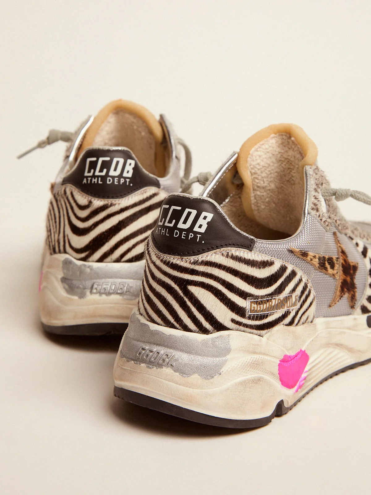 Women | Running Sole Sneakers Mesh & Animal-Print Pony Skin | Light Grey x White Black x Leo - Image 2