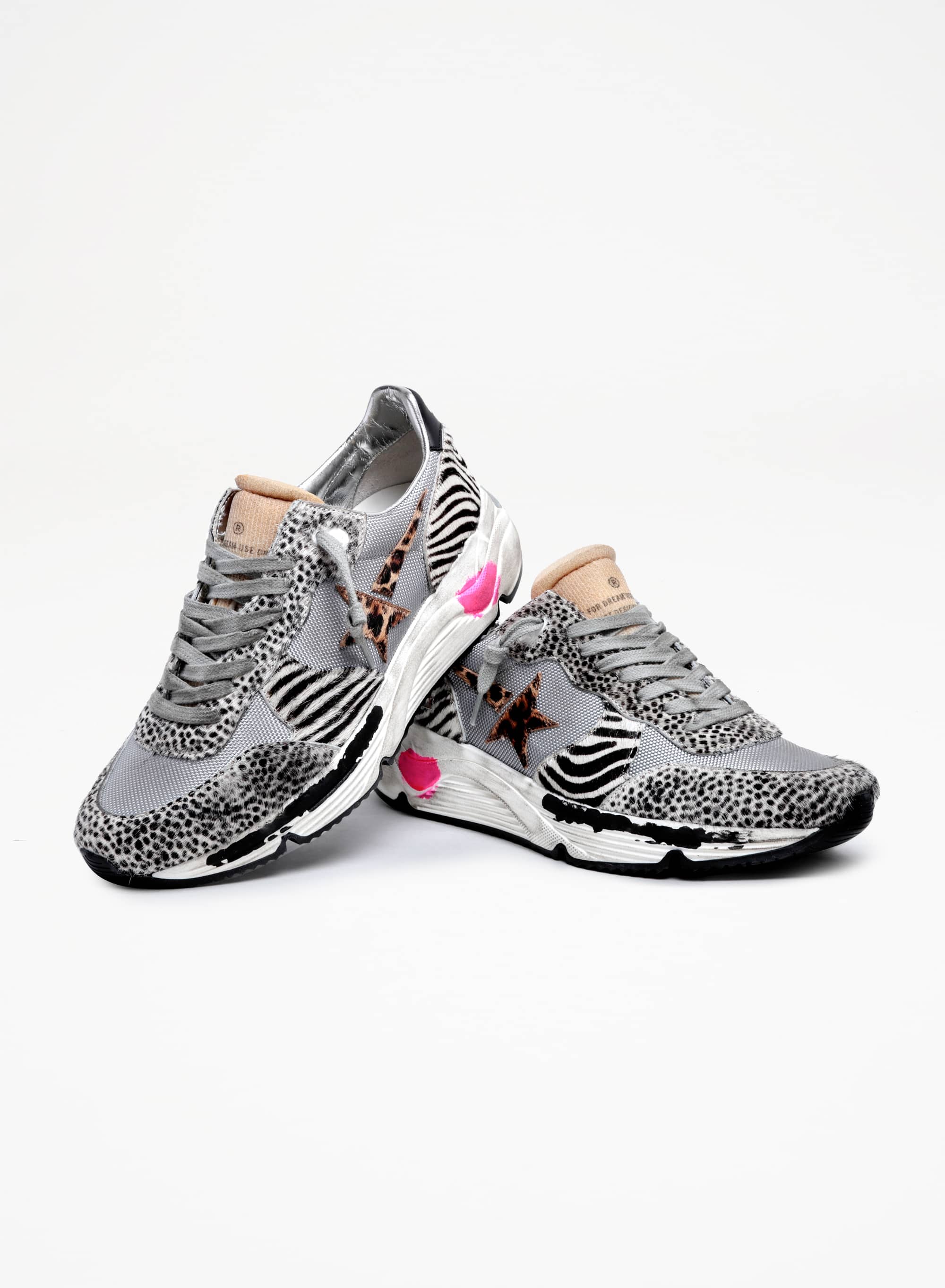 Women | Running Sole Sneakers Mesh & Animal-Print Pony Skin | Light Grey x White Black x Leo - Image 3