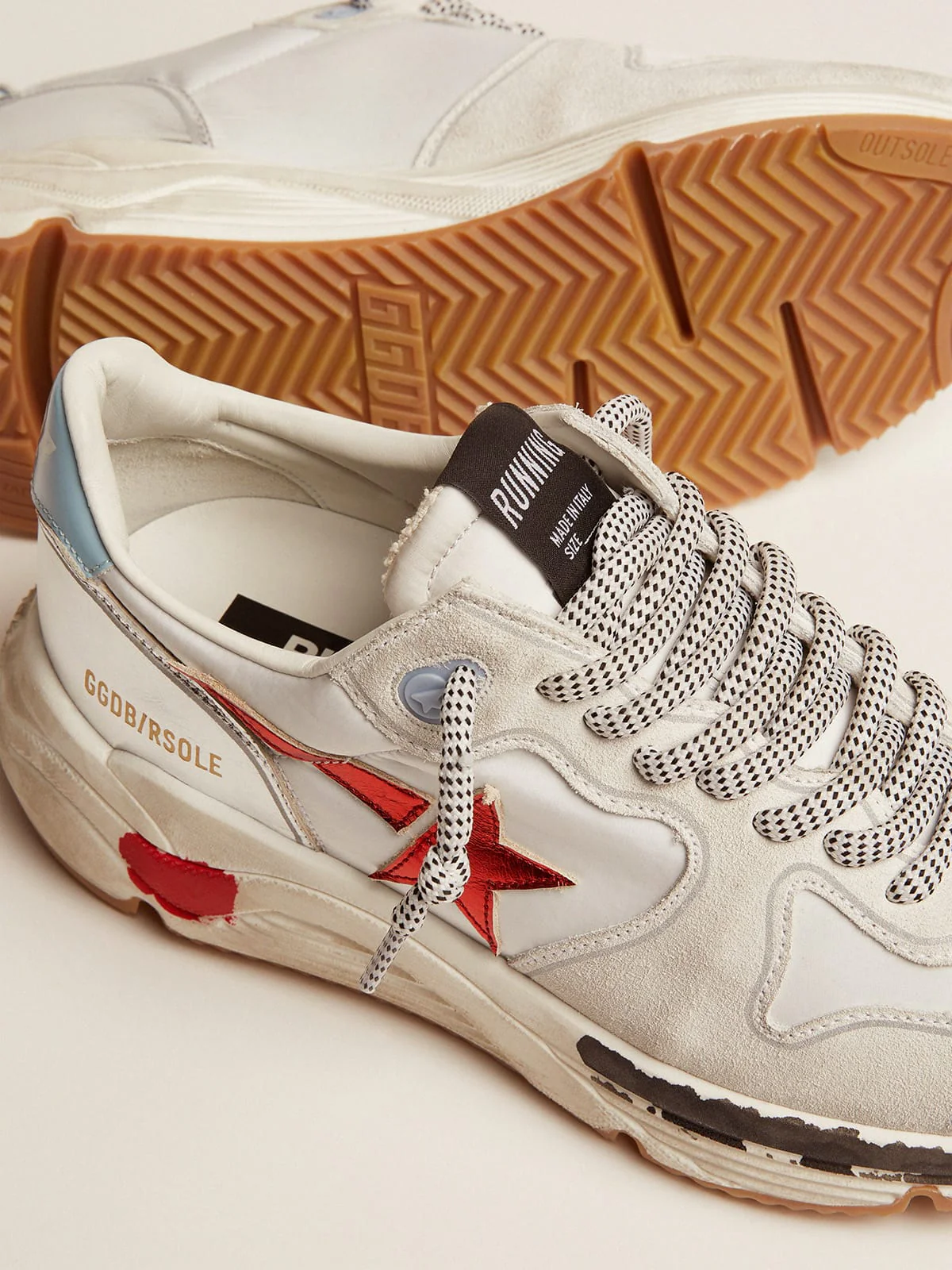 Women | Running Sole Sneakers Nylon & Suede with Red Laminated Leather Star | White x Optic White x Red x Blue Sky - Image 9