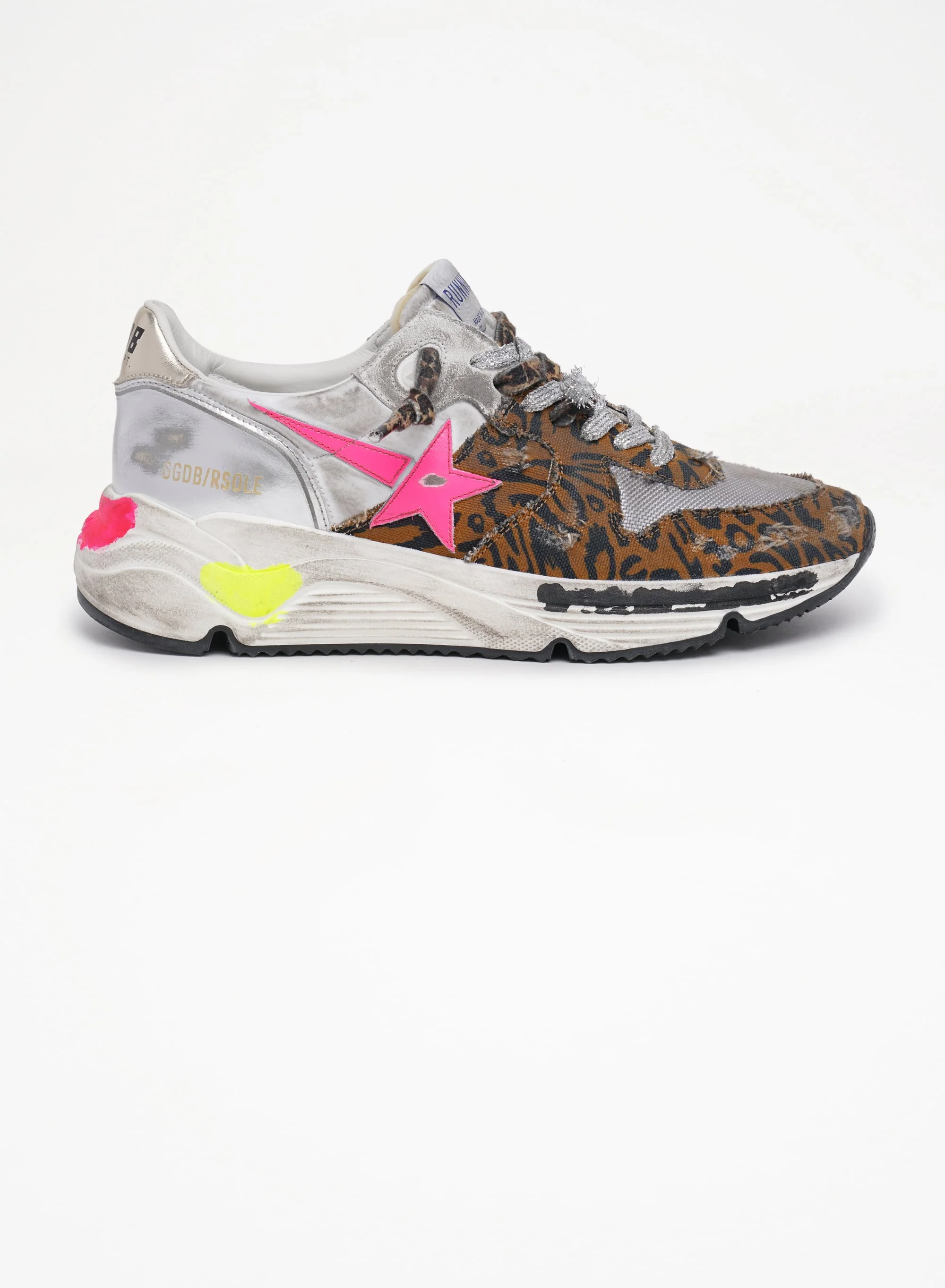 Women | Running Sole Sneakers Silver Leather & Leopard Print with Fluorescent Pink Star | White x Brown Black Leo x Fluo Fuxia x Silver x Platinum - Image 2