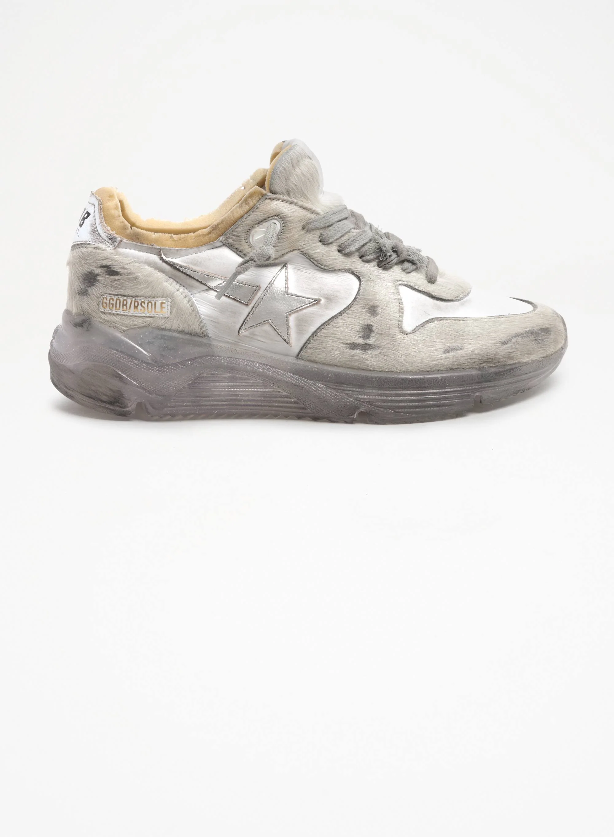 Women | Running Sole Sneakers White Nylon & Horsy with Laminated Star | White x Silver - Image 3