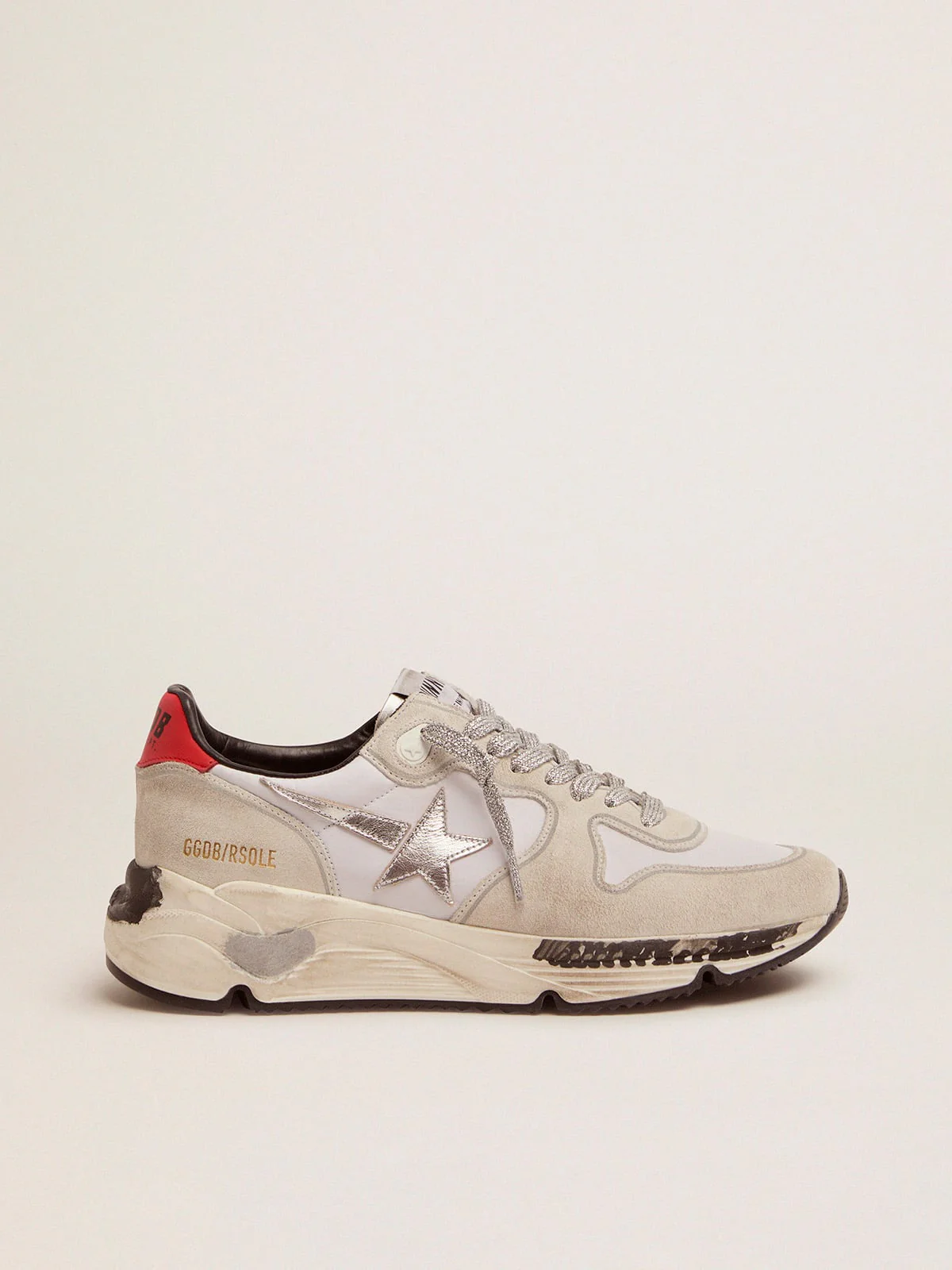 Women | Running Sole Sneakers with Red Heel Tab & Silver Star | White x Silver x Red - Image 2