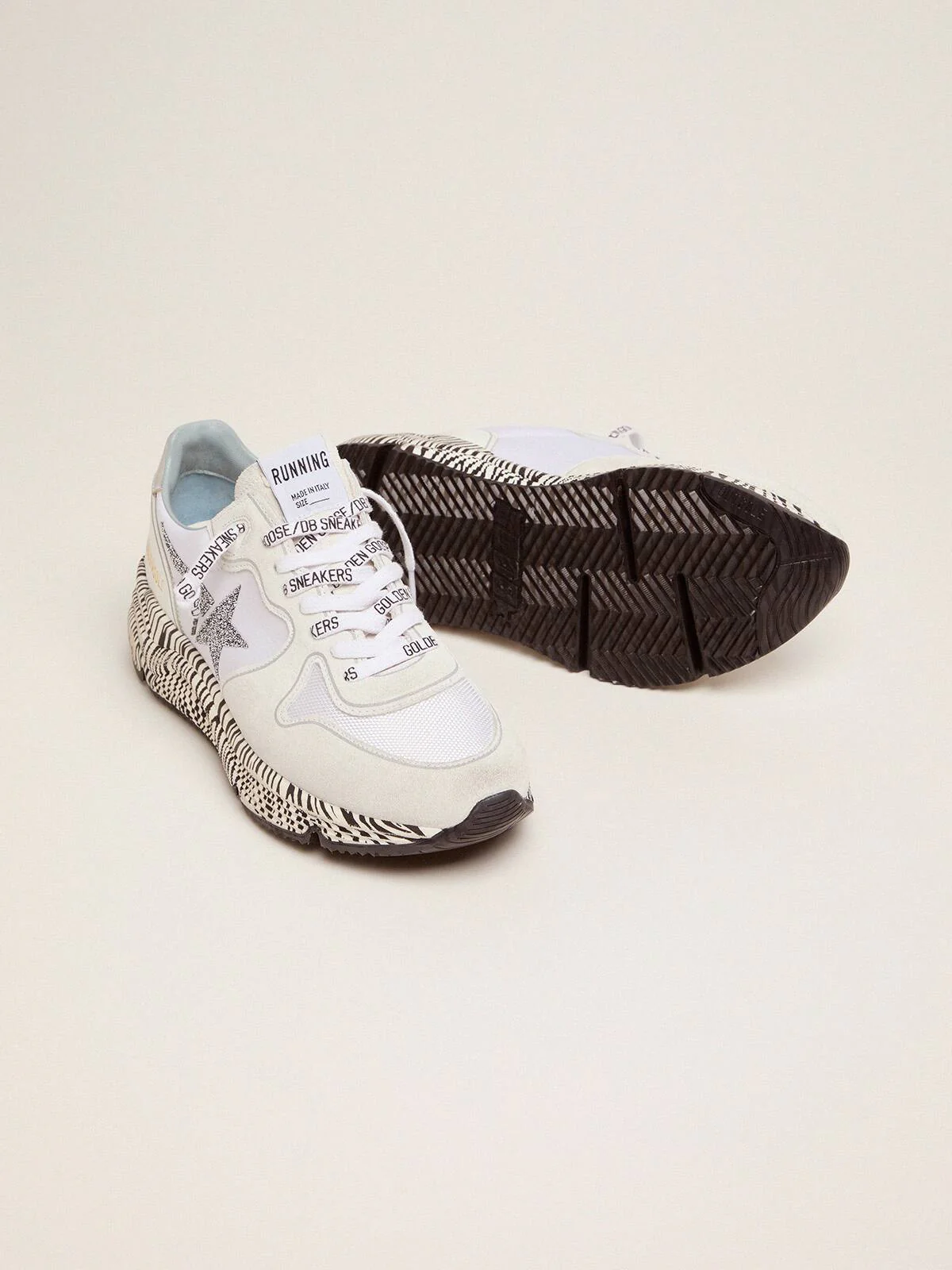Women | Running Sole Sneakers with Zebra-Print Sole & Crystals | Optic White x White x Silver - Image 3