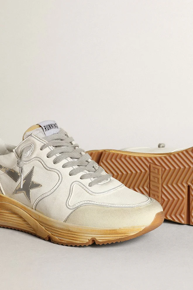 Women | Running Sole with Leather Star & Heel Tab with Silver Print | White x Silver x Beige - Image 5