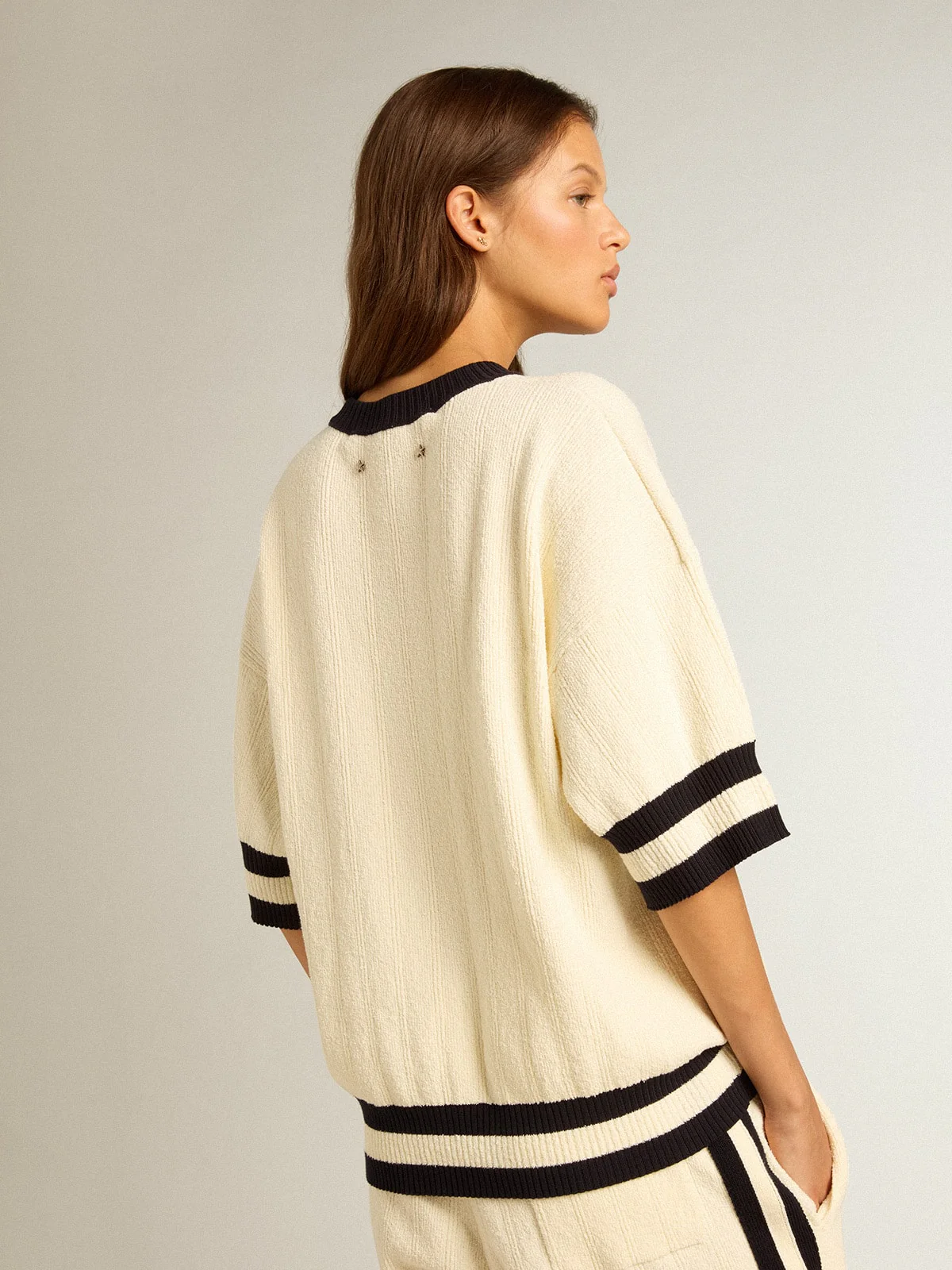 Women | Short-Sleeved Sweater Vintage White with Blue Rib Knit | Antique White x Ink Blue - Image 2